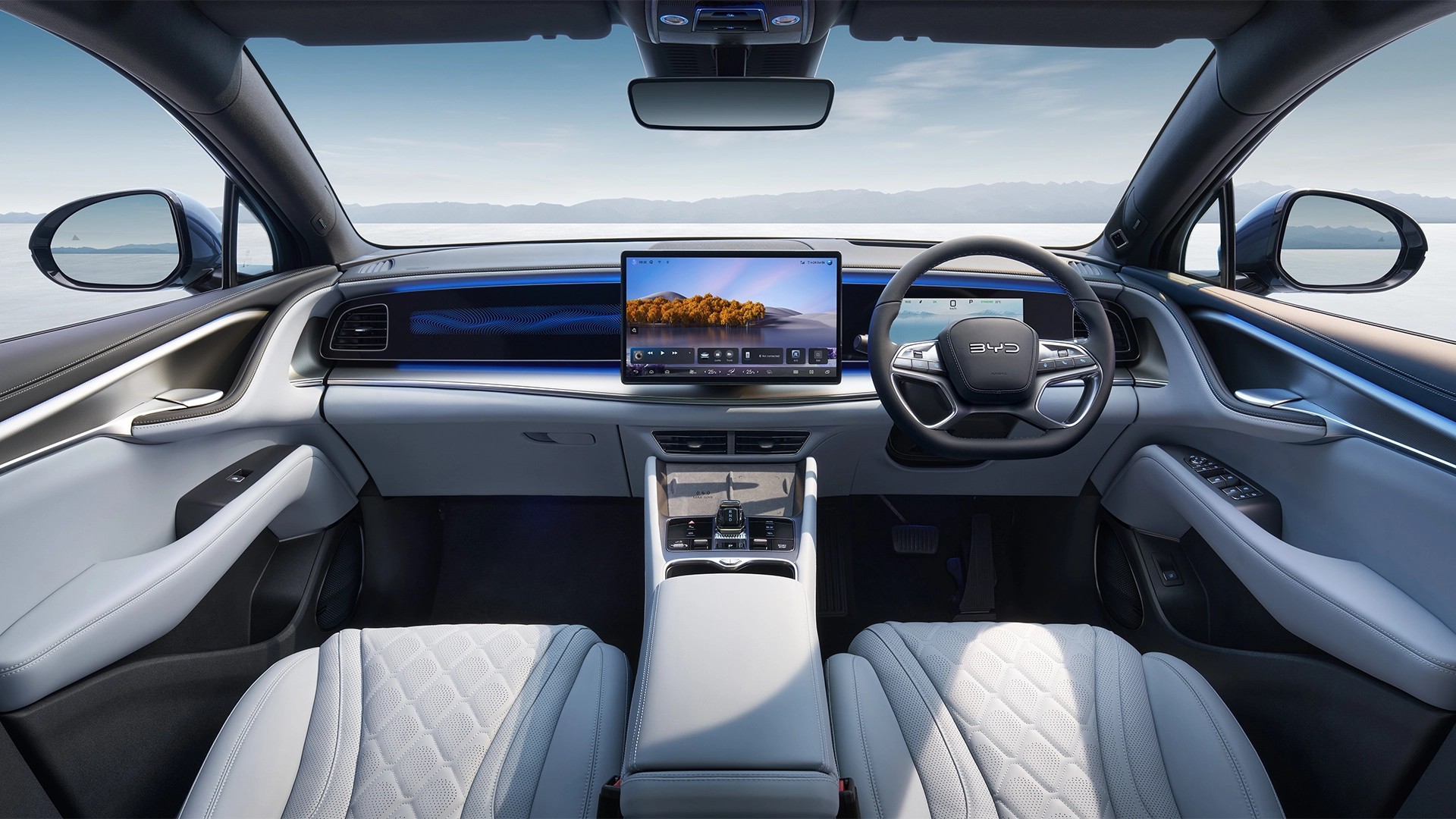 An image of the complete dashboard of the BYD Sealion 7 First Anniversary Edition with Tahini Blue interior theme