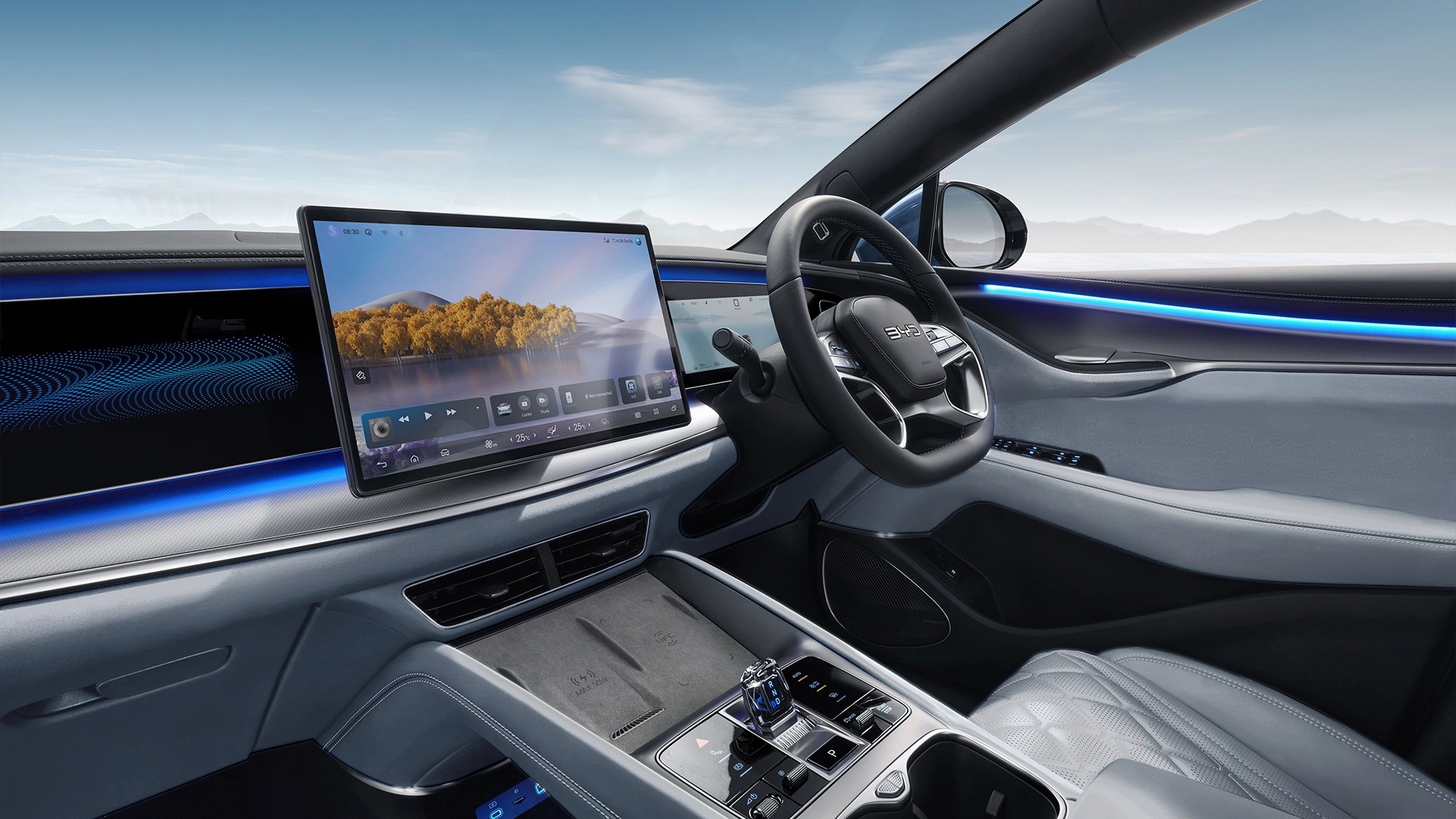 An image of the complete dashboard taken from the front passenger-side of the BYD Sealion 7 First Anniversary Edition with Tahini Blue interior theme