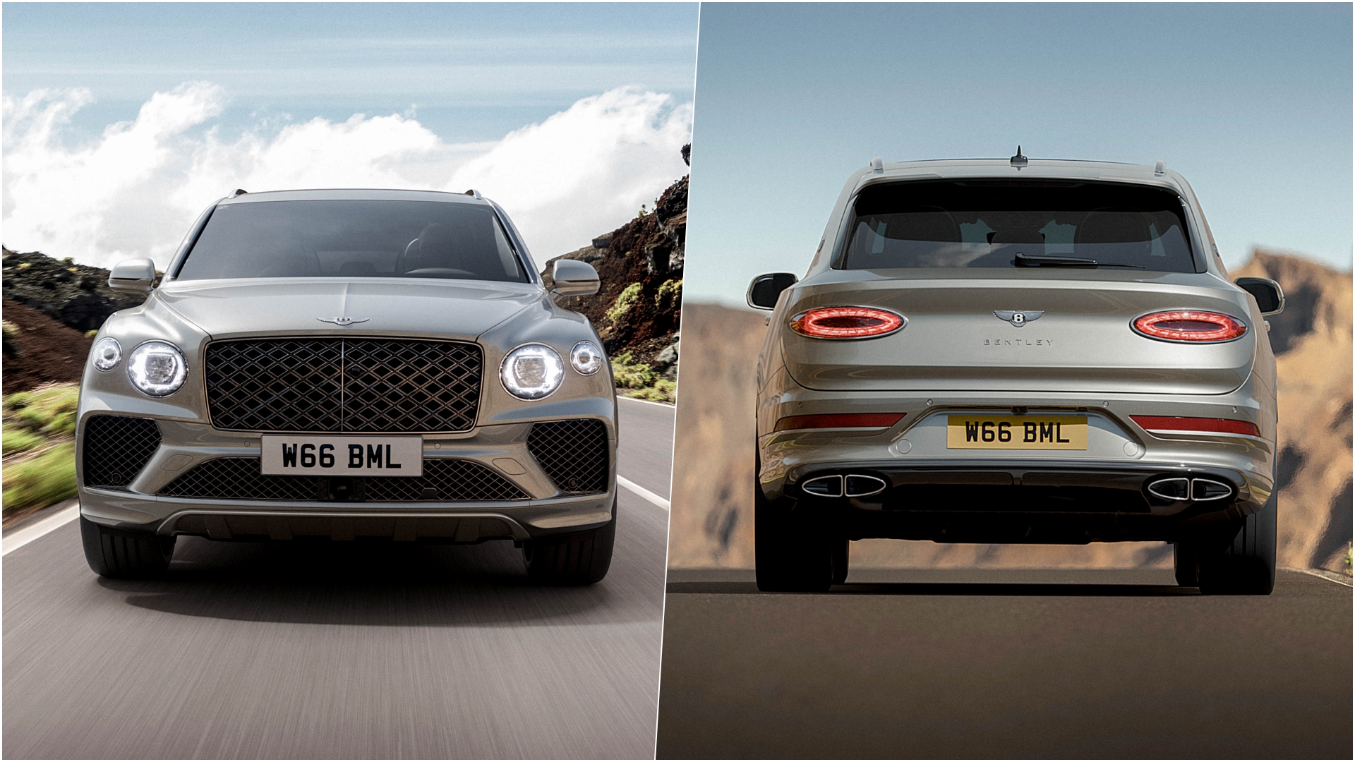 A collage of two images, one taken from the front and the other from the rear, of the Bentley Bentayga Artenara