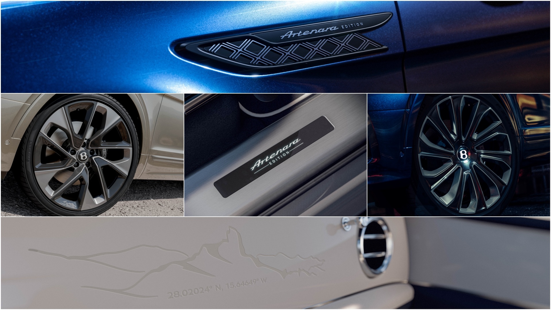 A collage of five images covering bespoke styling cues of the Bentley Bentayga Artenara