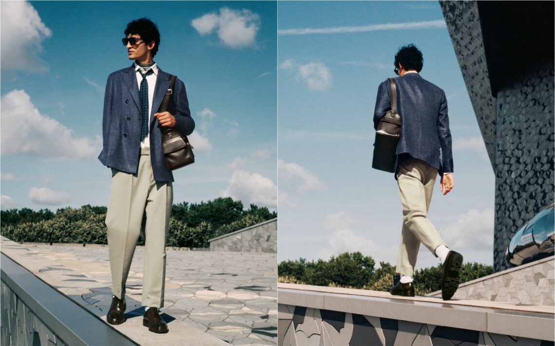 A collage of two images with a model wearing the Berluti Alessandro 1895 lace-up shoes