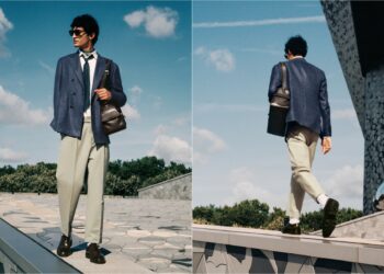 A collage of two images with a model wearing the Berluti Alessandro 1895 lace-up shoes