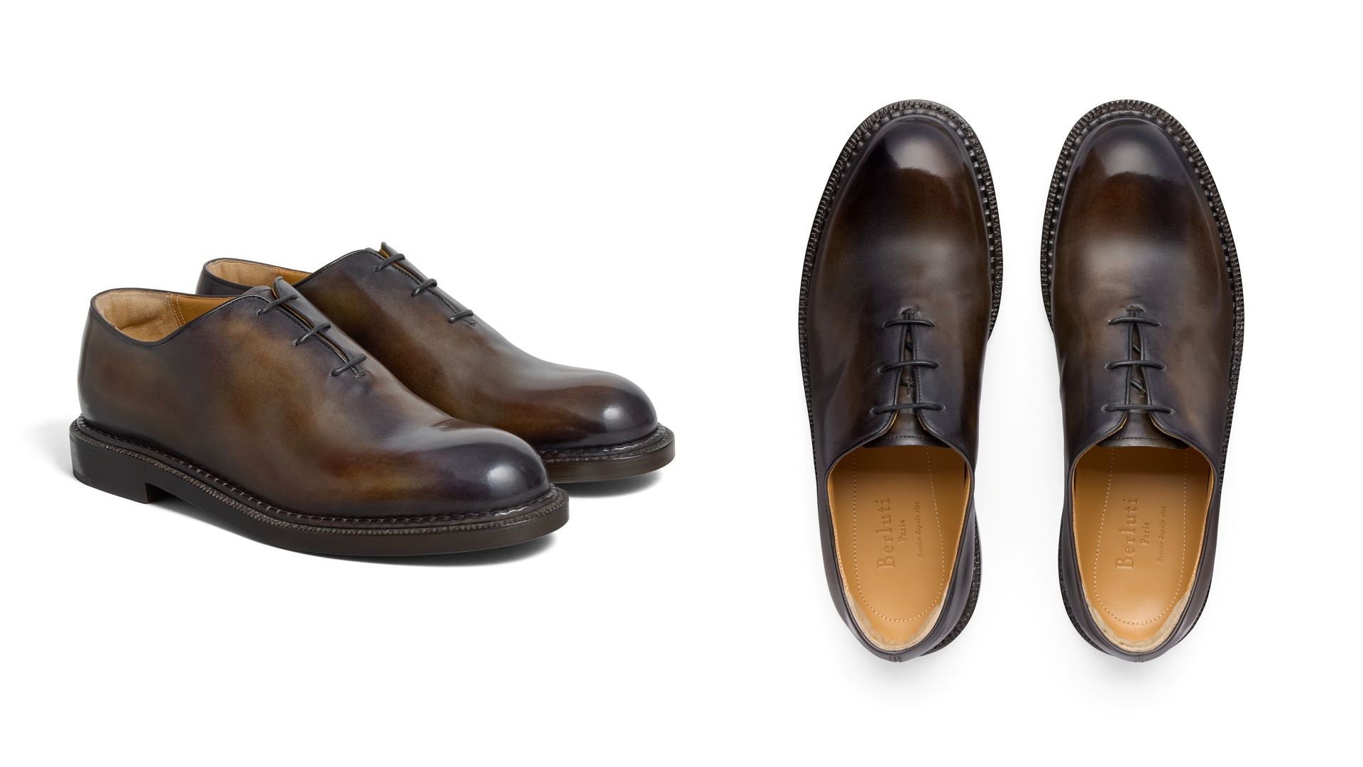 A collage of two images, both close-ups of the Charcoal Brown variant of the Berluti Alessandro 1895 shoe.