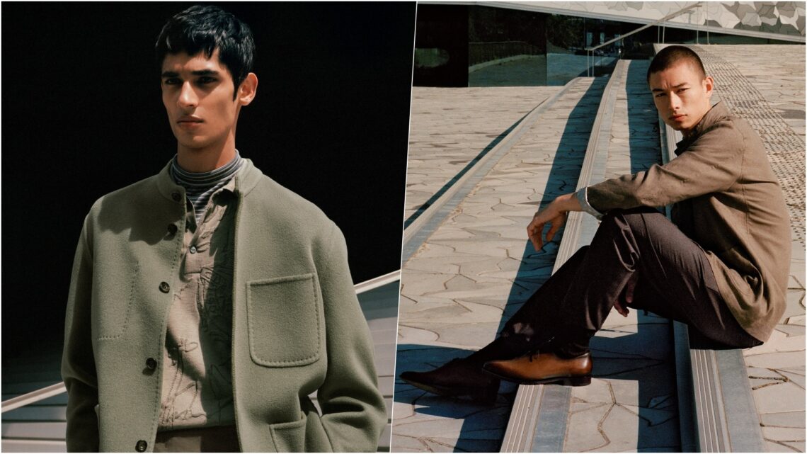 A collage of two images, with the left model wearing a citrus green variant and the right model wearing warm cocoa variant of the Berluti Forestière Ultra Leggera