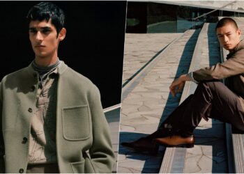 A collage of two images, with the left model wearing a citrus green variant and the right model wearing warm cocoa variant of the Berluti Forestière Ultra Leggera