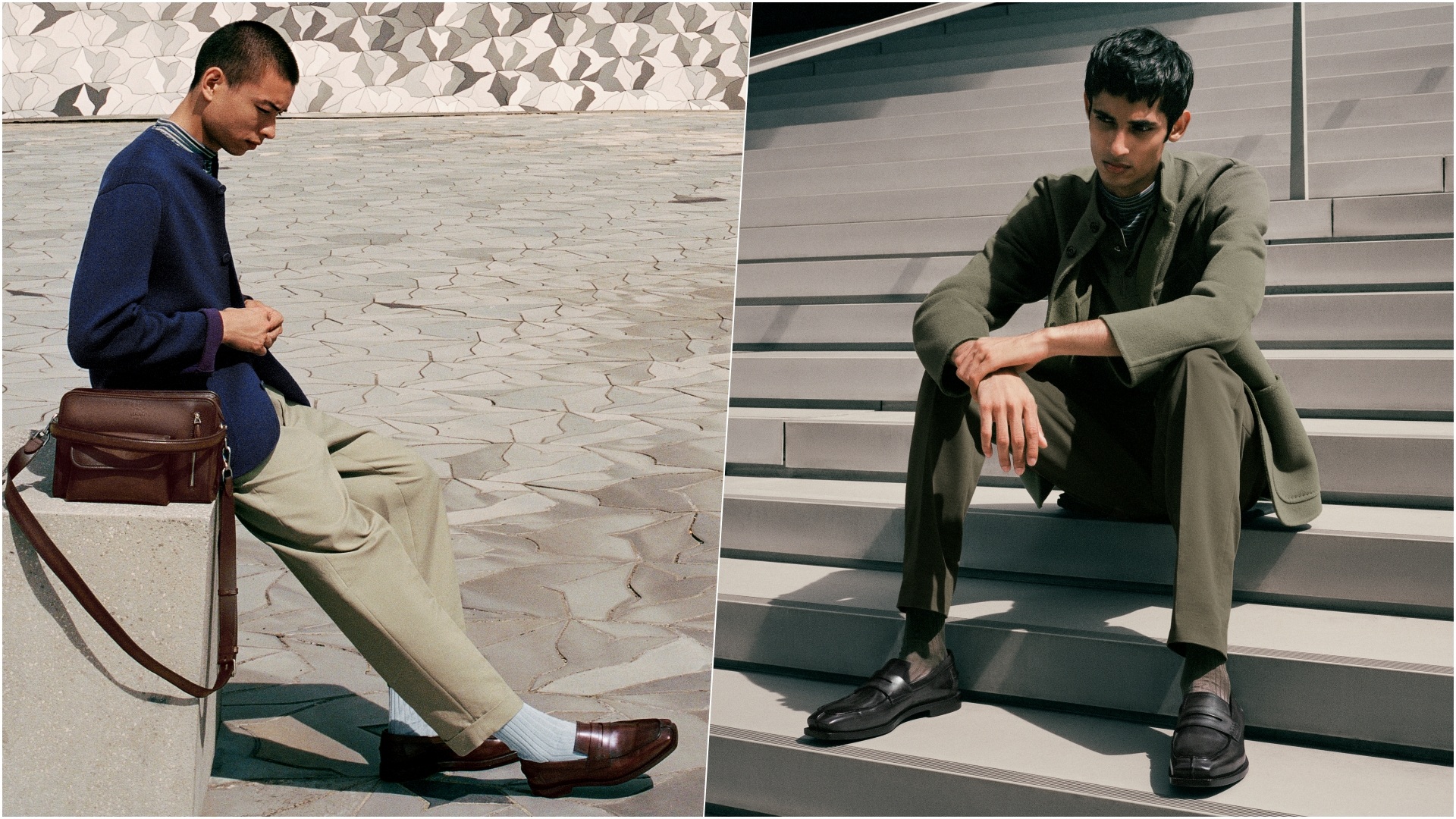 A collage of two images, with the left model wearing a twilight blue variant and the right model wearing citrus green variant of the Berluti Forestière Ultra Leggera