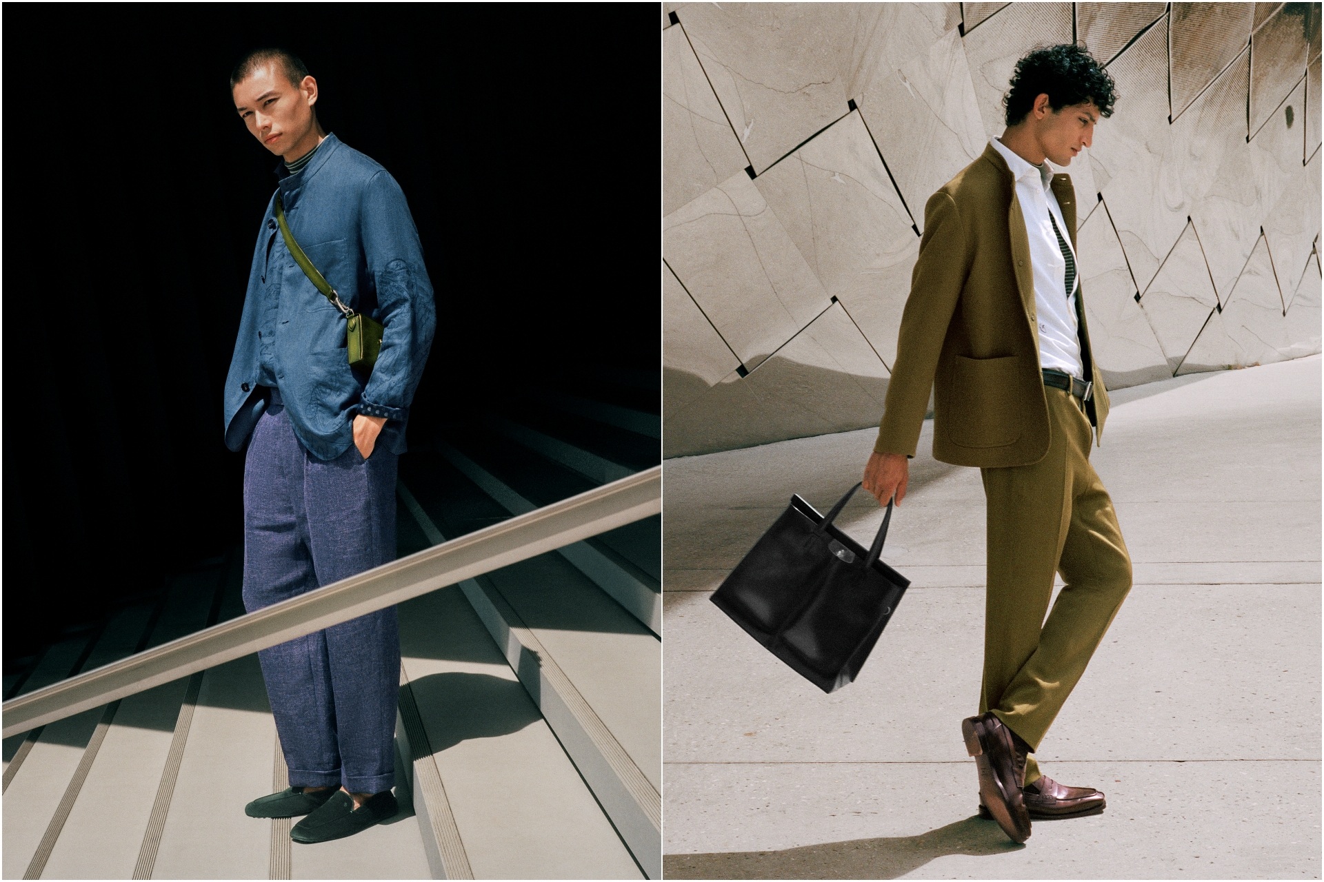 A collage of two images, with the left model wearing a blue variant and the right model wearing citrus green variant of the Berluti Forestière Ultra Leggera