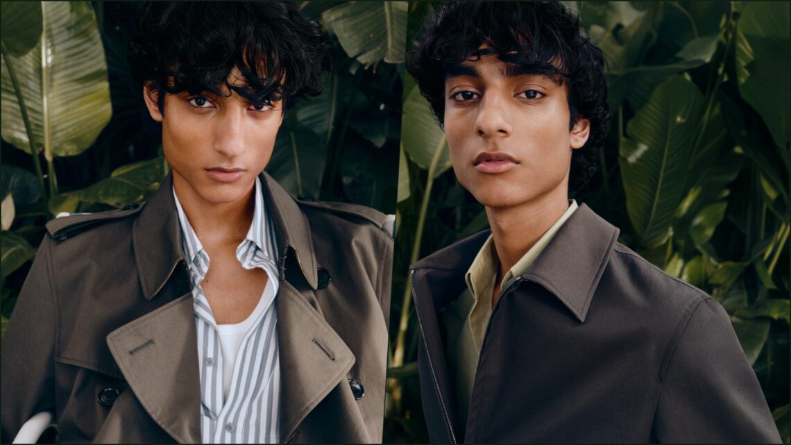 A collage of two images, both featuring the same model wearing two different pieces from the new Burberry Gabardine Raincoats collection: Kensington and Bloomsbury