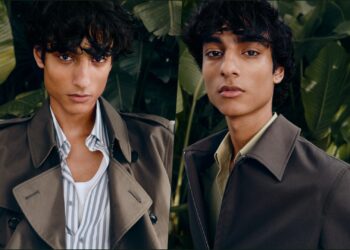 A collage of two images, both featuring the same model wearing two different pieces from the new Burberry Gabardine Raincoats collection: Kensington and Bloomsbury