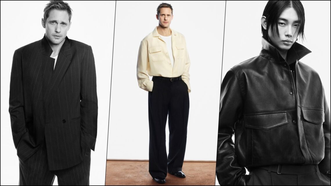 A collage of actor Alexander Skarsgård and model Taemin Park, wearing select pieces from the COS Spring Summer 2026 Edit