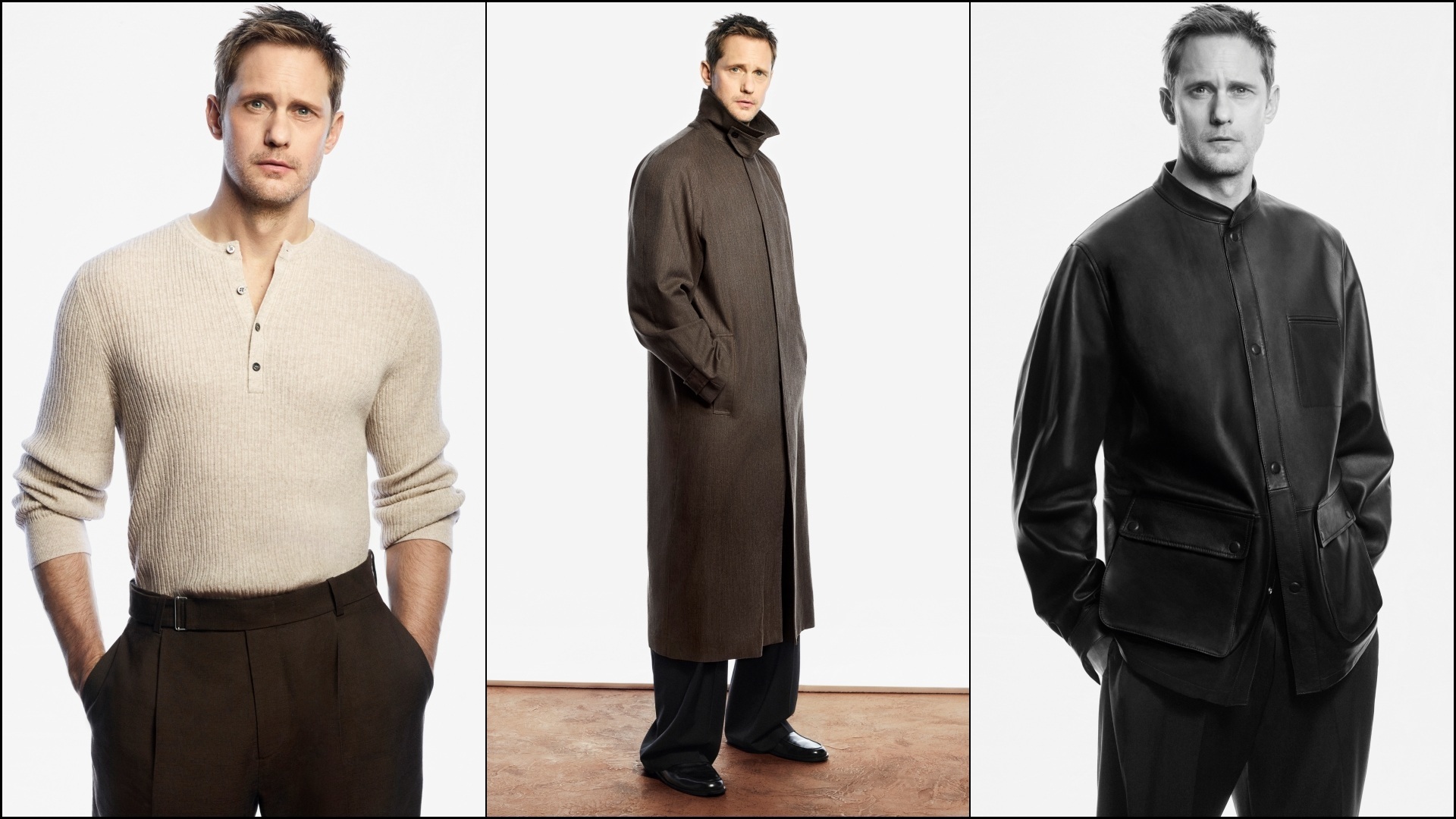 A collage of three images, all featuring actor Alexander Skarsgård wearing select pieces from the COS Spring Summer 2026 Edit