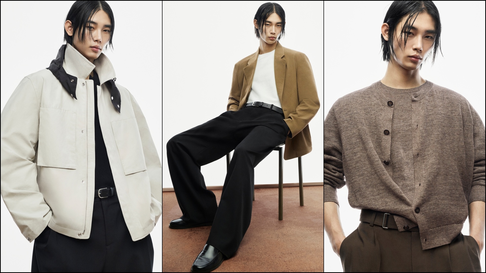 A collage of three images, all featuring model Taemin Park wearing select pieces from the COS Spring Summer 2026 Edit