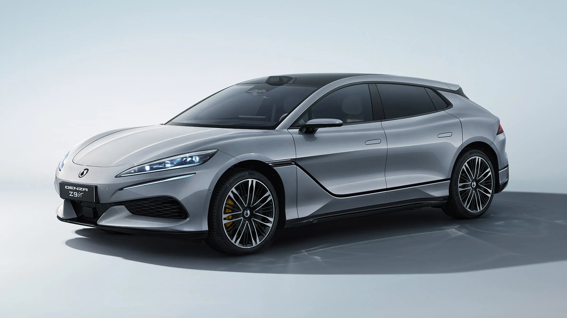 Front three-quarters of a silver Denza Z9GT in the UK-spec.