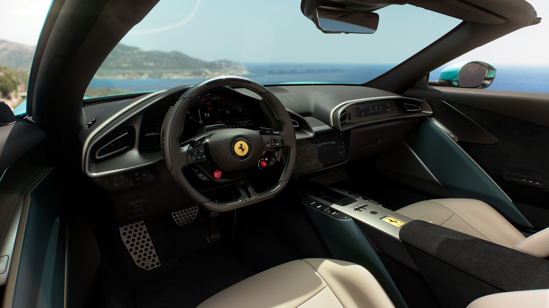Interior shot, taken from the driver's door, of the new Ferrari Amalfi Spider
