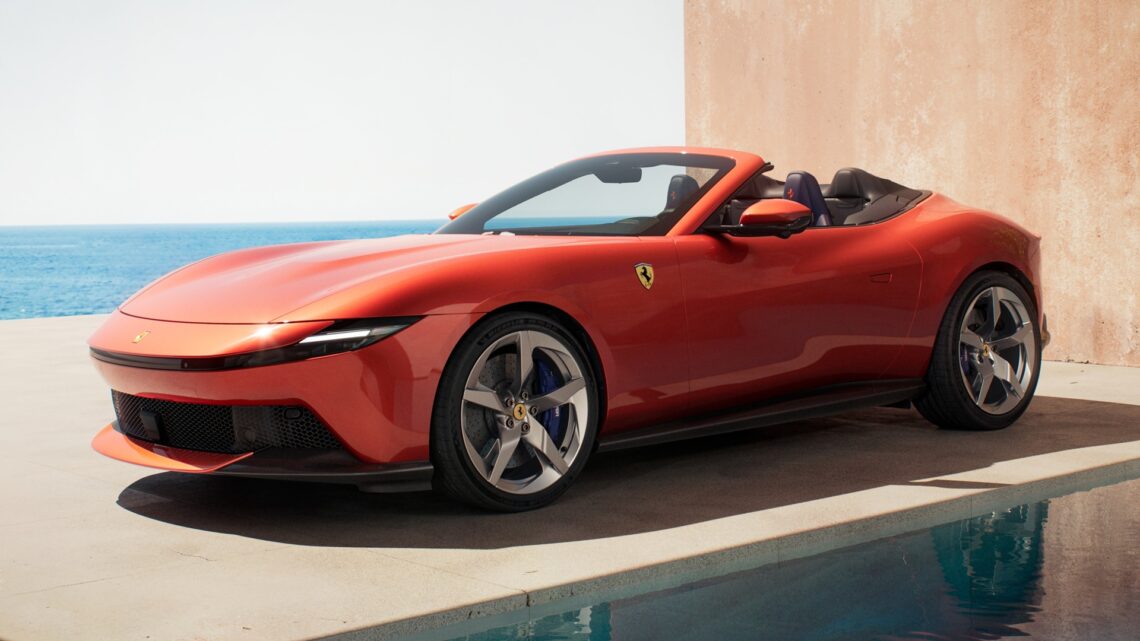 A static shot covering the front three-quarters of the new Ferrari Amalfi Spider in its exclusive Rosso Tramonto paint.