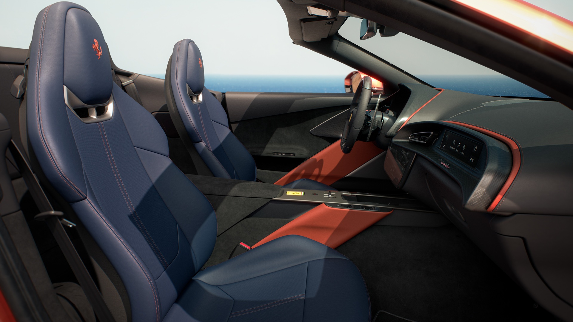 Interior shot showcasing the two front seats in blue of the new Ferrari Amalfi Spider