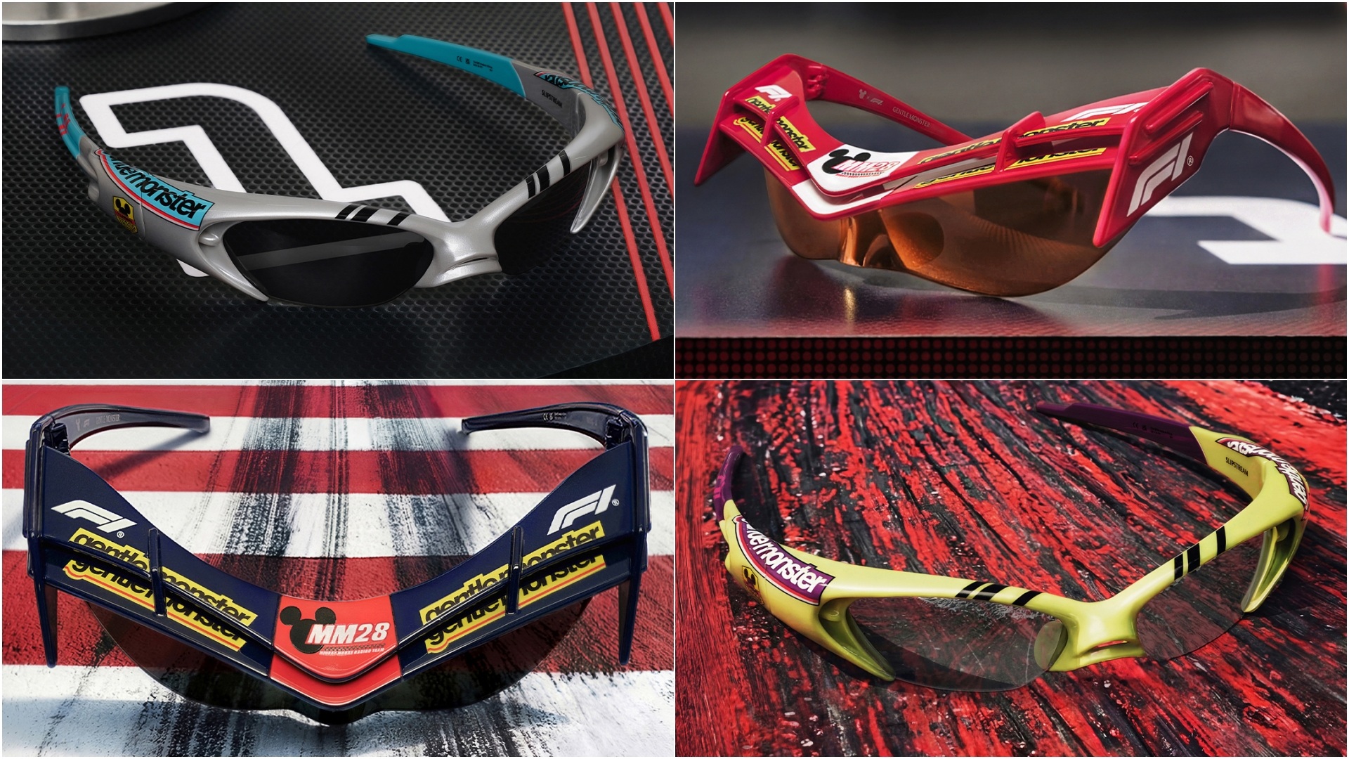 A collage of four models, Disney F1 - Wing 4 R13, Disney F1 - Wing 4 N8, Disney F1 - Slipstream G21, and Disney F1 - Slipstream GR13, from the 2026 Circuit Collection by Gentle Monster