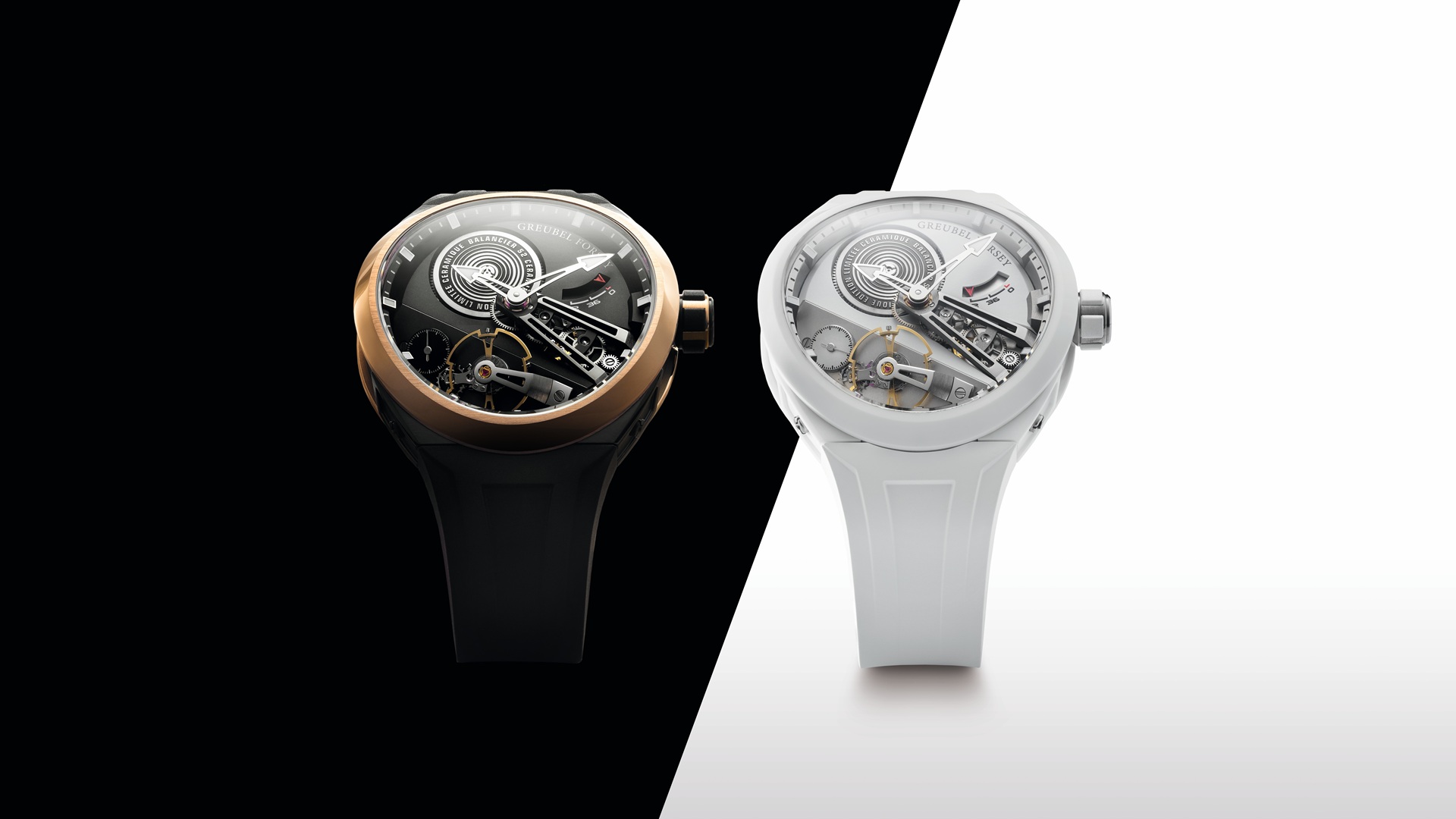 Greubel Forsey Balancier Convexe S² in black ceramic and 5N red gold and white ceramic.