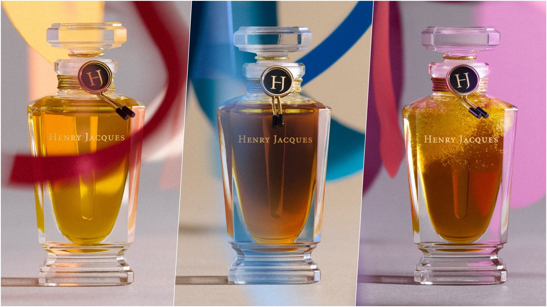 A collage of three images, each with one fragrance from Henry Jacques Collection de l’Atelier 2025.