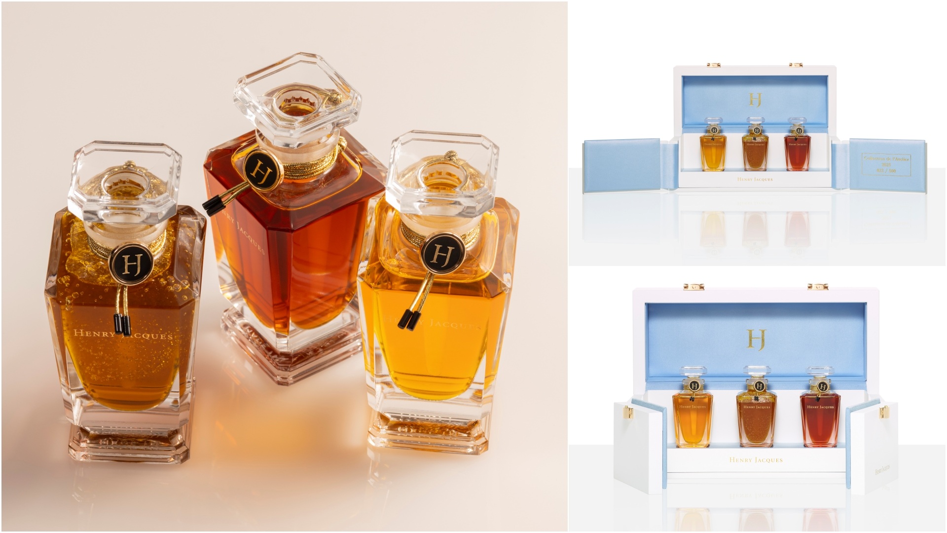 A collage of three images, with one featuring all three fragrances in the Henry Jacques Collection de l’Atelier 2025, while the other two have the box and packaging with the bottles.