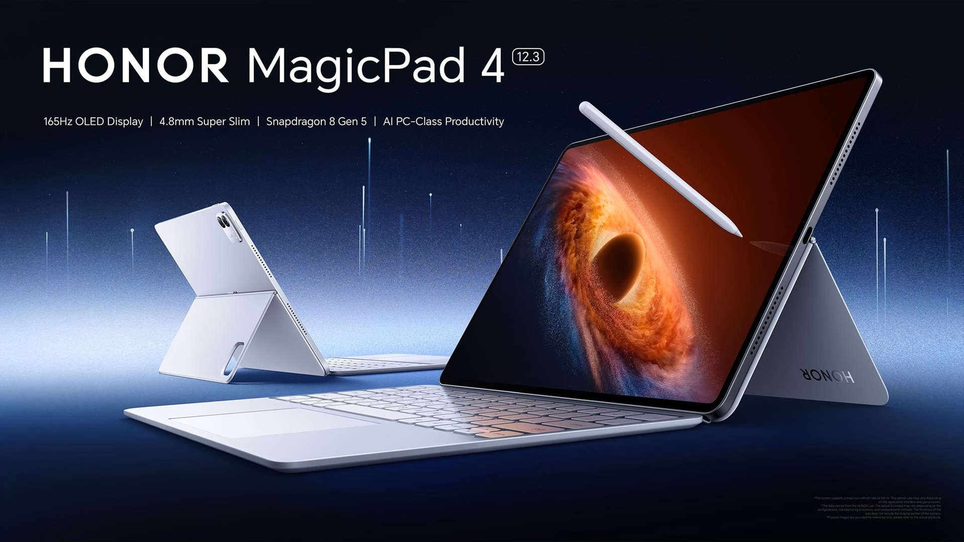 Close-up of the Honor MagicPad 4 tablet inside a cover with a kickstand and a wireless keyboard