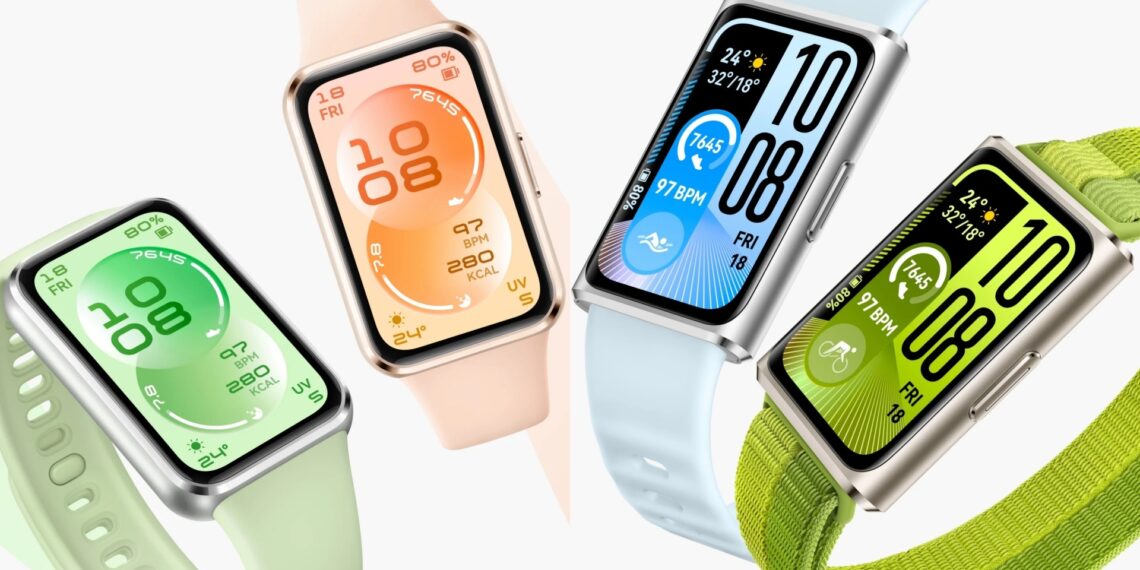 A collage of two colour options each for the Huawei Band 11 and Huawei Band 11 Pro