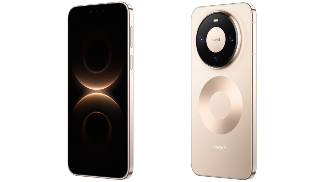 A collage of two images of Huawei Mate 80 Pro smartphone in Gold Colour