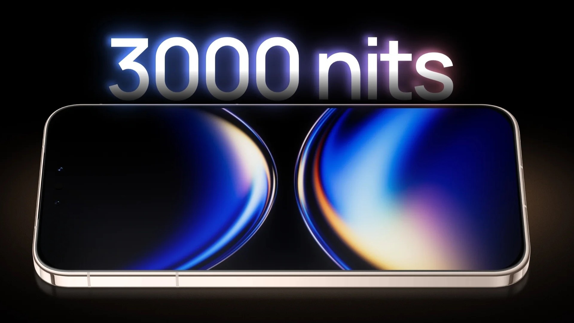 The front of the Huawei Mate 80 Pro in Gold colour, with a text says 3000 nits, which is the peak brightness of the display