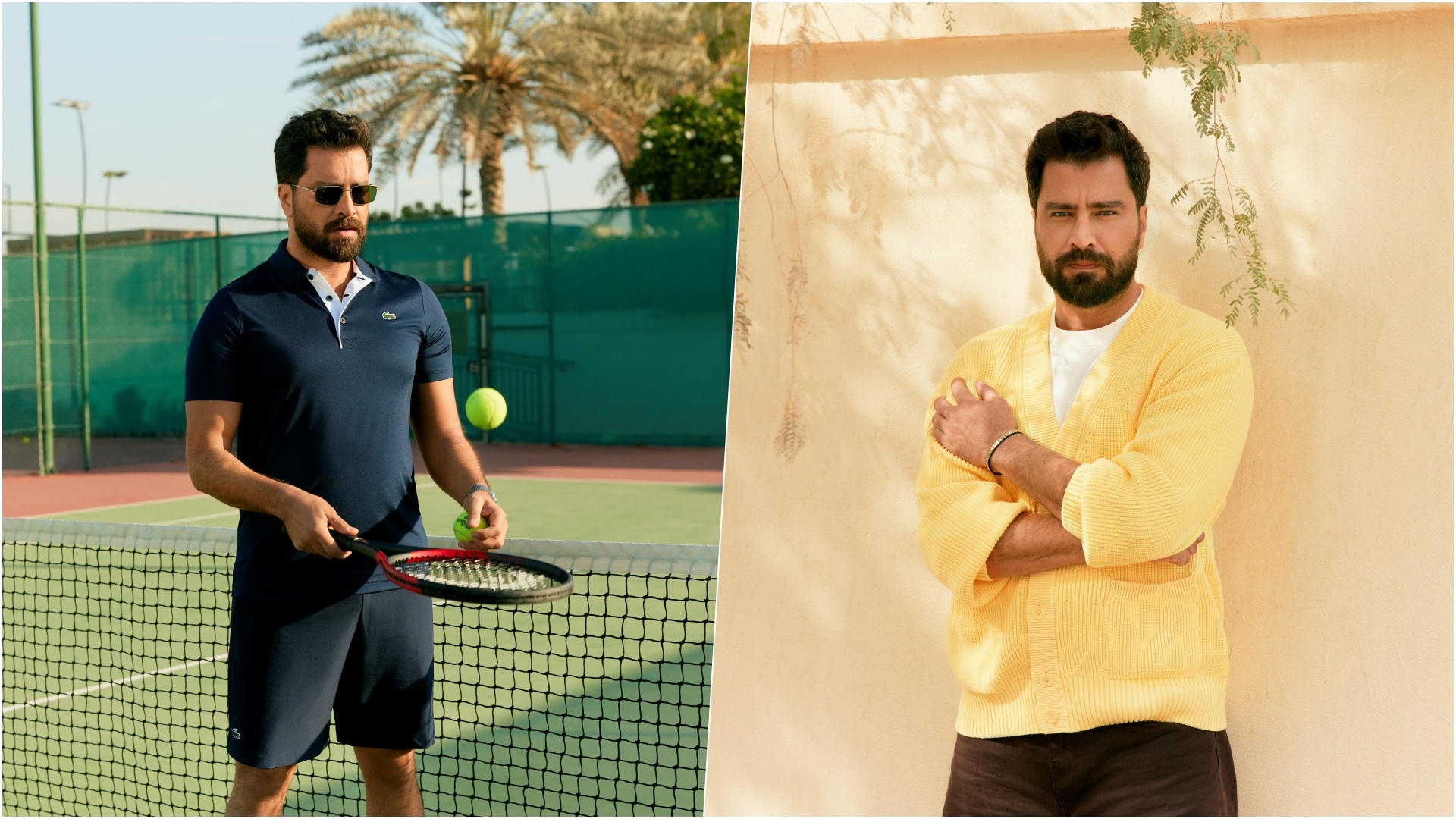 A collage of two images, with a model wearing select pieces from the latest Lacoste Ramadan Edit