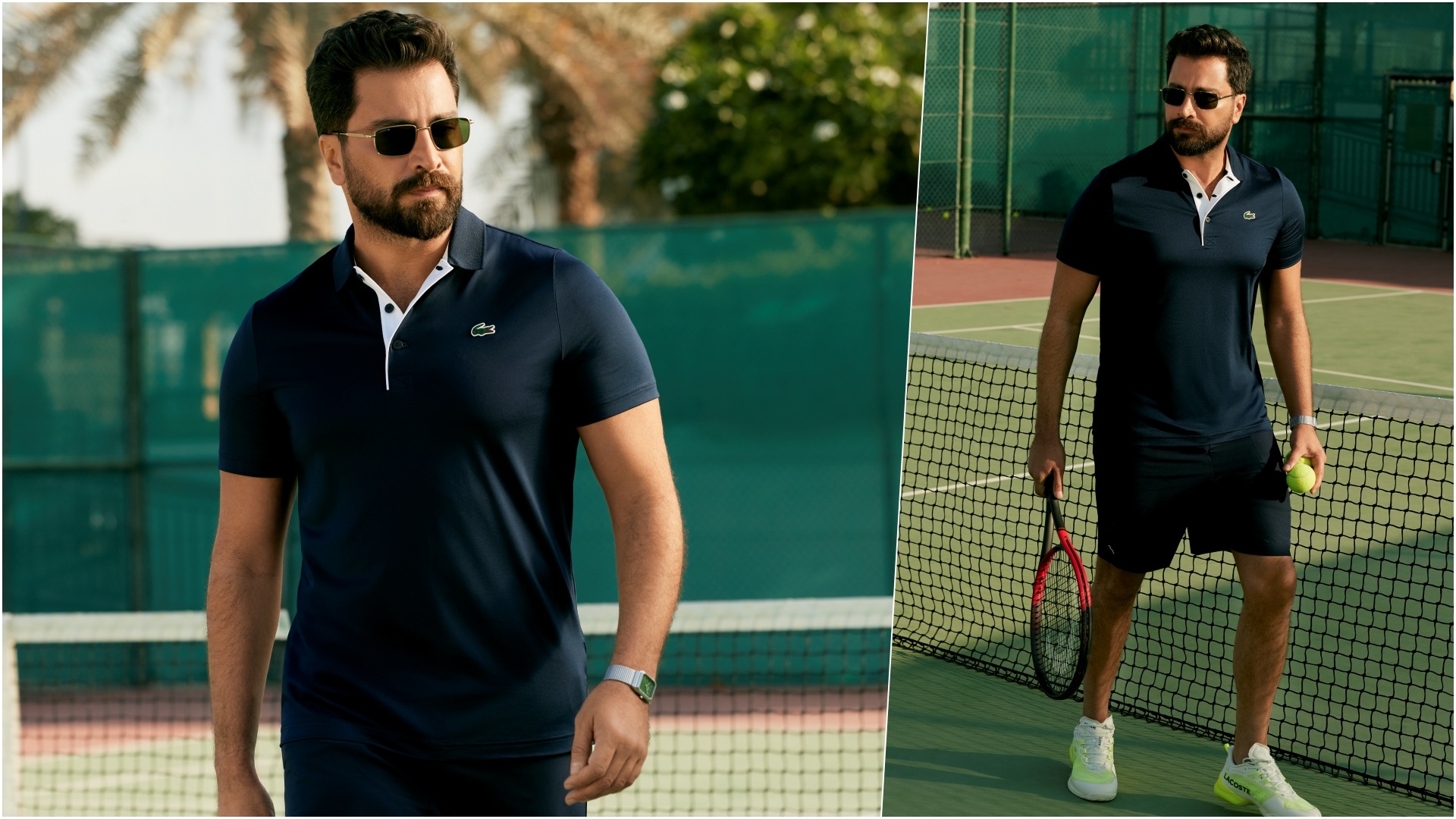 A collage of two images, with a model wearing select pieces from the latest Lacoste Ramadan Edit