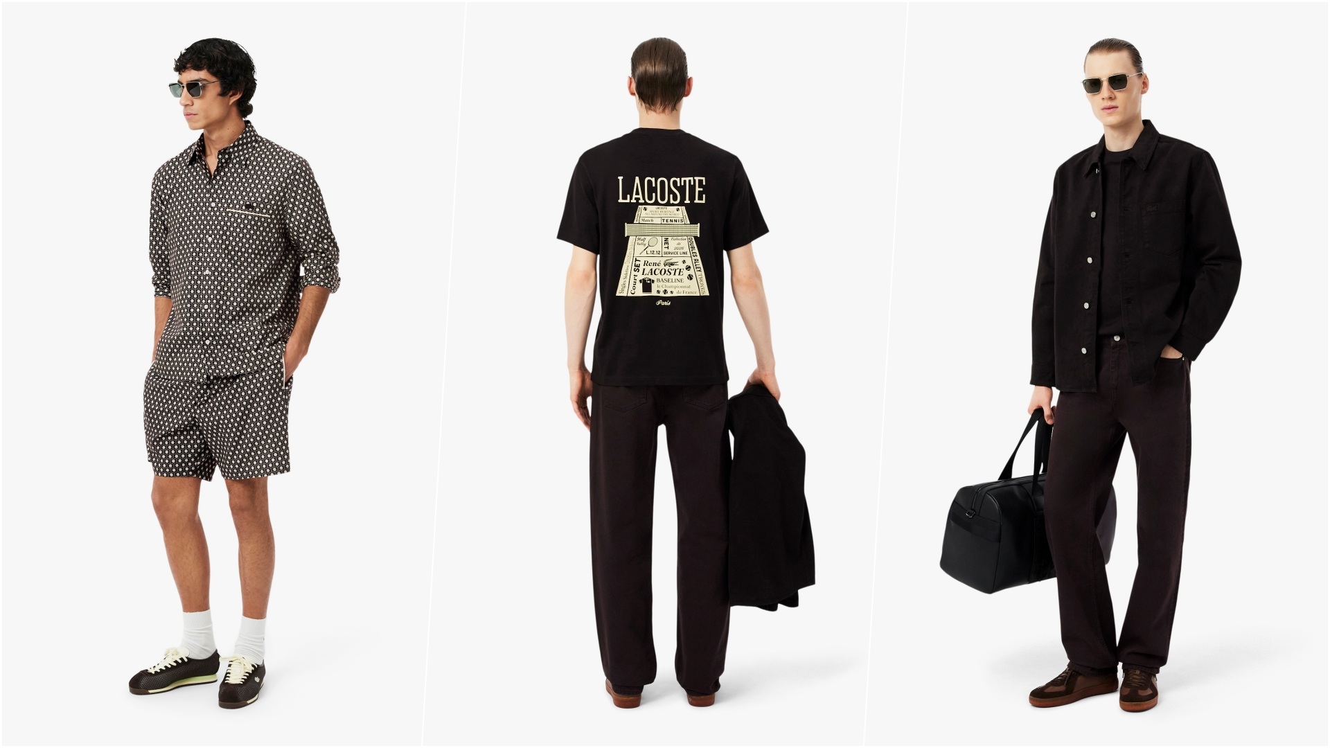 A collage of three images, with models wearing select pieces from the latest Lacoste Ramada Edit