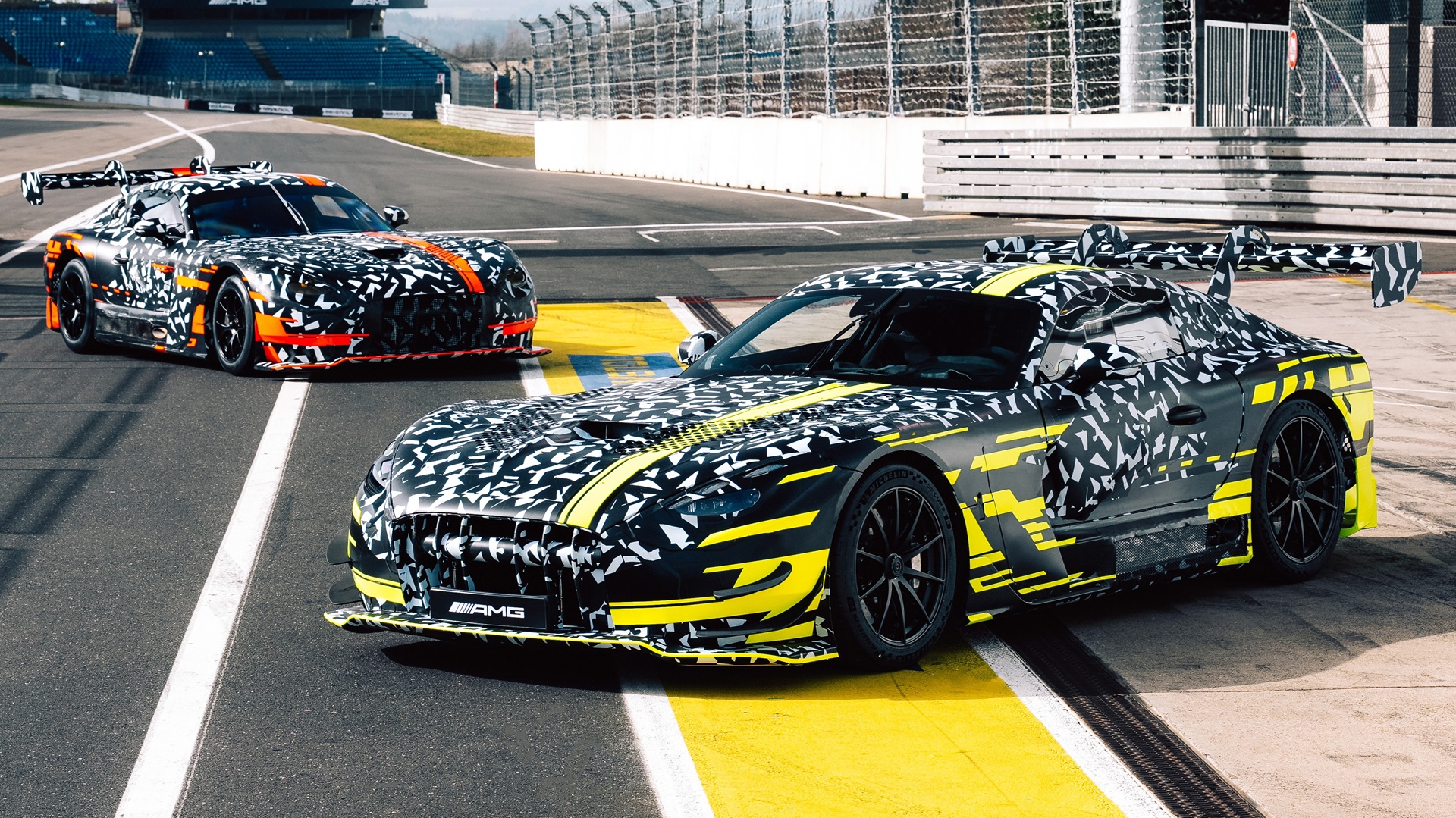 Mercedes-AMG testing the new GT3 and GT Black Series at the Nürburgring, with both cars heavily camouflaged. Static and in the pit lane.