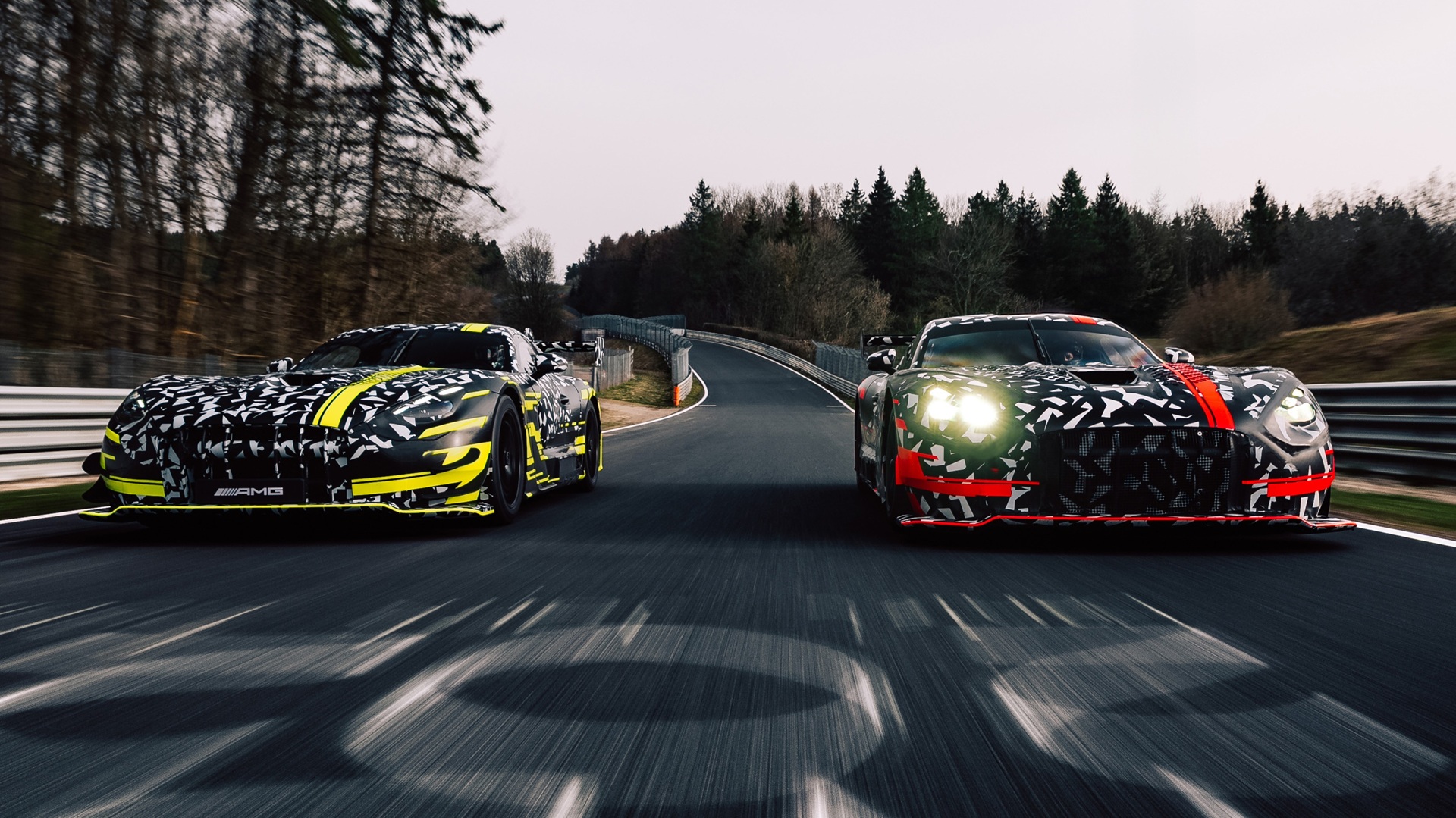 Mercedes-AMG testing the new GT3 and GT Black Series at the Nürburgring, with both cars heavily camouflaged