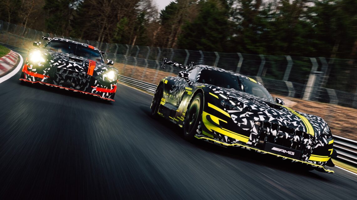 Mercedes-AMG testing the new GT3 and GT Black Series at the Nürburgring, with both cars heavily camouflaged