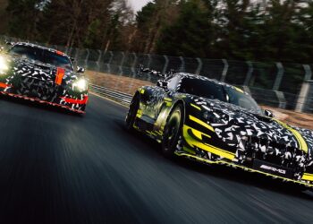 Mercedes-AMG testing the new GT3 and GT Black Series at the Nürburgring, with both cars heavily camouflaged