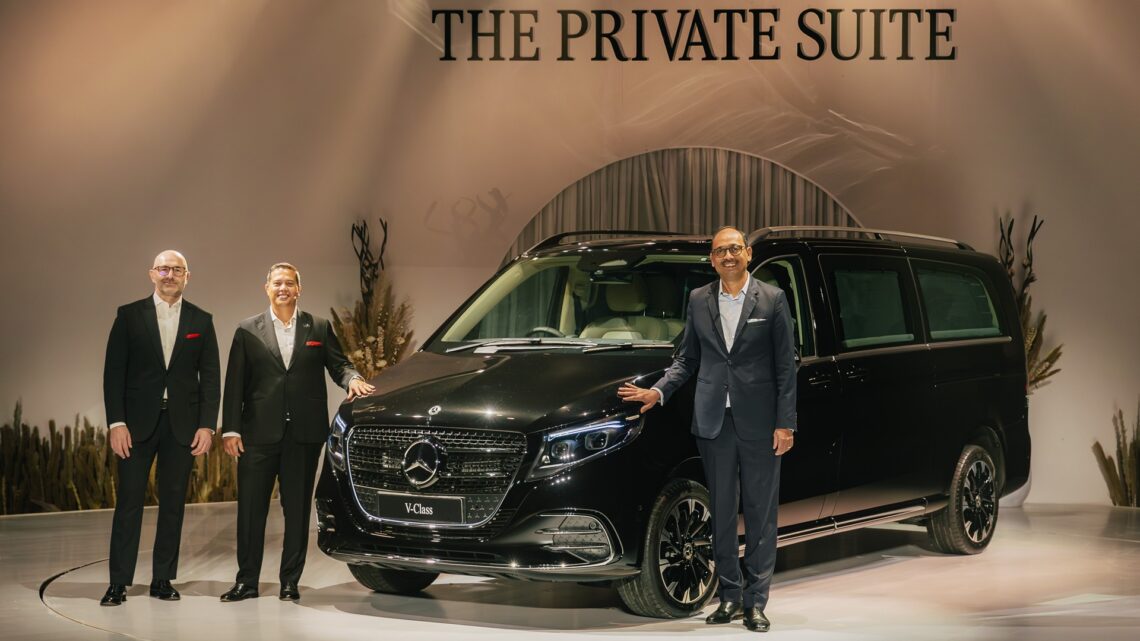The new Mercedes-Benz V-Class, accompanied by Santosh Iyer, the CEO and MD of Mercedes-Benz India, Brendon Sissing, VP Sales & Marketing and Emrah Ozer, CFO at Mercedes-Benz