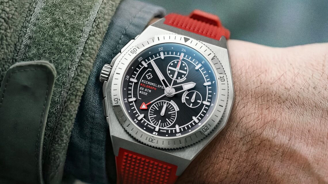 MICROMILSPEC's MILGRAPG T5 with black dial on red rubber strap.