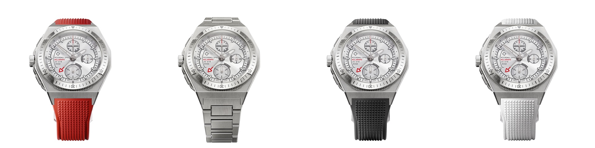 MICROMILSPEC MILGRAPH T5 chrome dial in all the rubber straps and titanium bracelet variants.