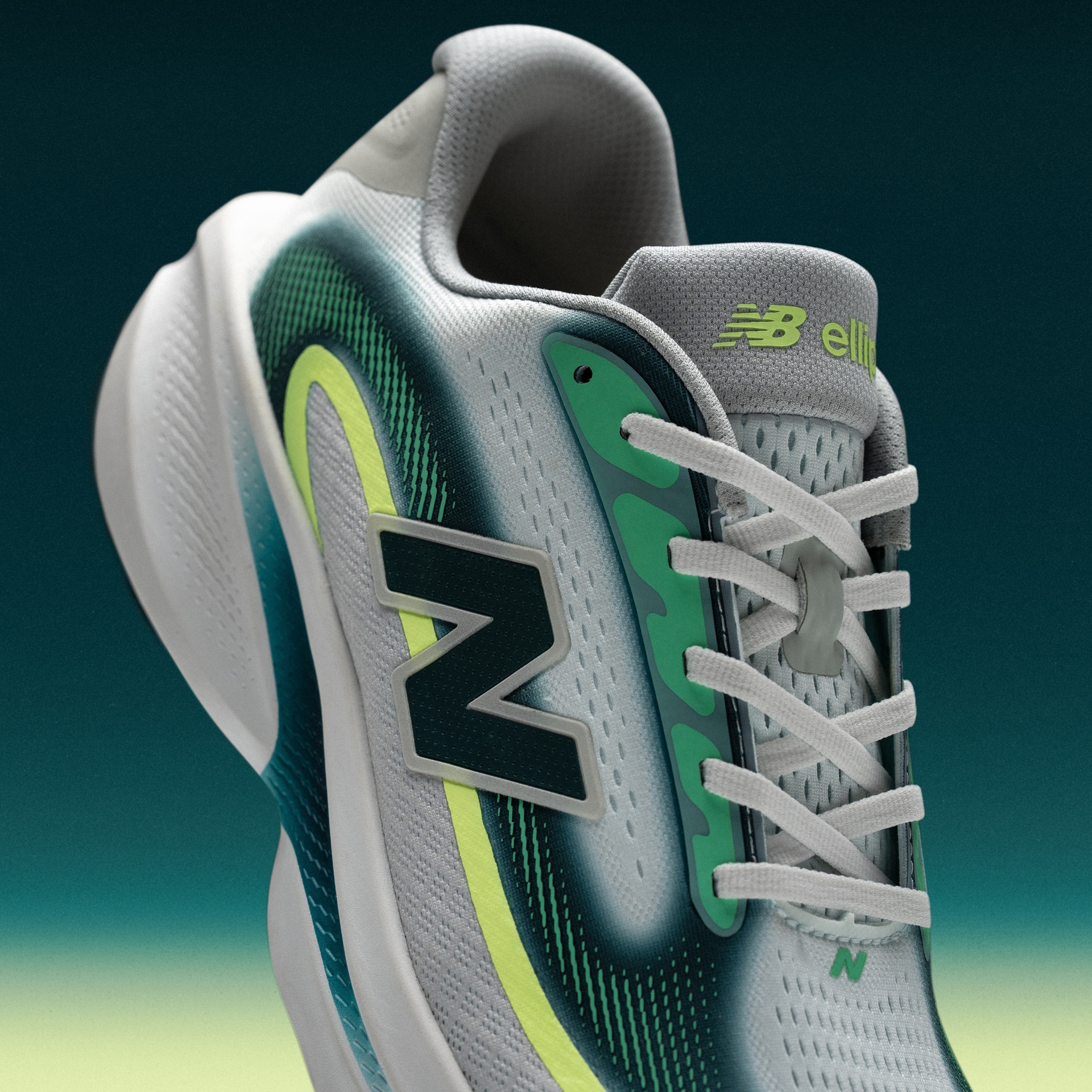 Close-up of the New Balance Ellipse shoe (men), with the right side kept vertically