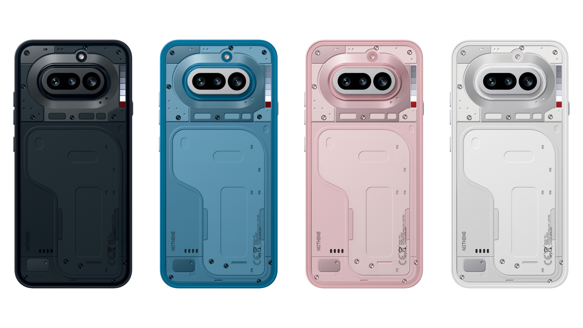 A collage of the colour options, Black, Blue, Pink, and White, for the Nothing Phone (4a)