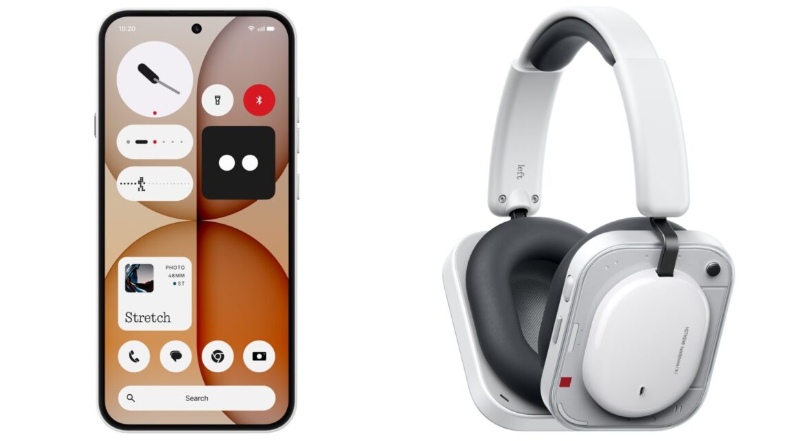 A collage of the Nothing Phone (4a) and the Nothing Headphone (a), both in white colours