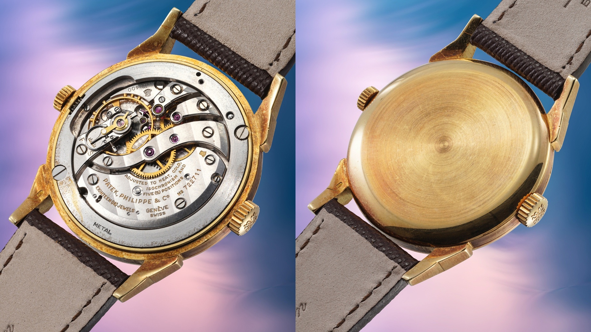 Phillips in Association with Bacs and Russo will present the Patek Philippe Ref. 2523, an 18K yellow gold world-time watch with polychrome cloisonné enamel ‘South America’ dial, at their Geneva Watch Auction: XXIII held during 9 – 10 May 2026. Movement and caseback view.