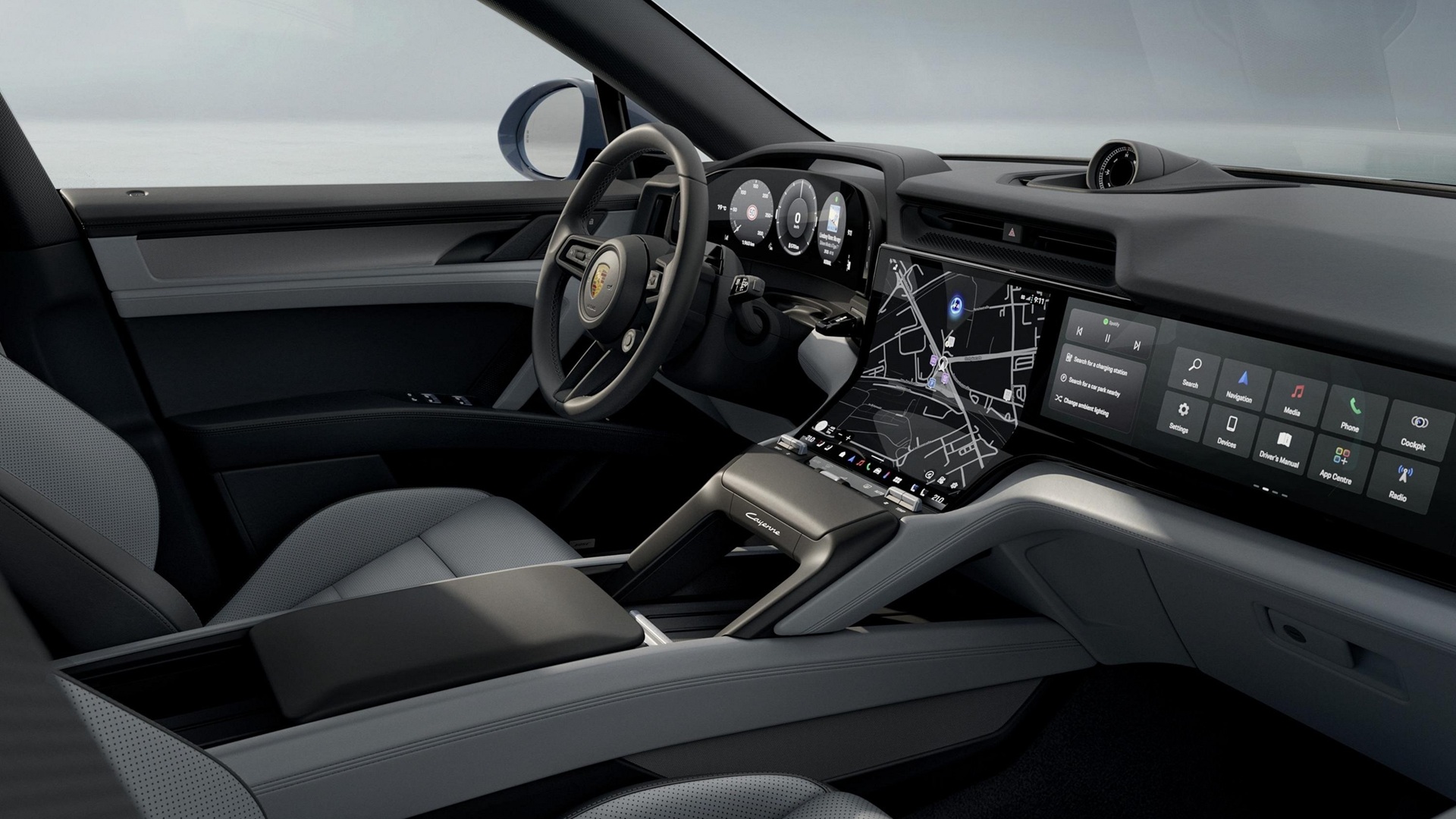 Side shot of the entire dashboard of the new Porsche Cayenne S Electric
