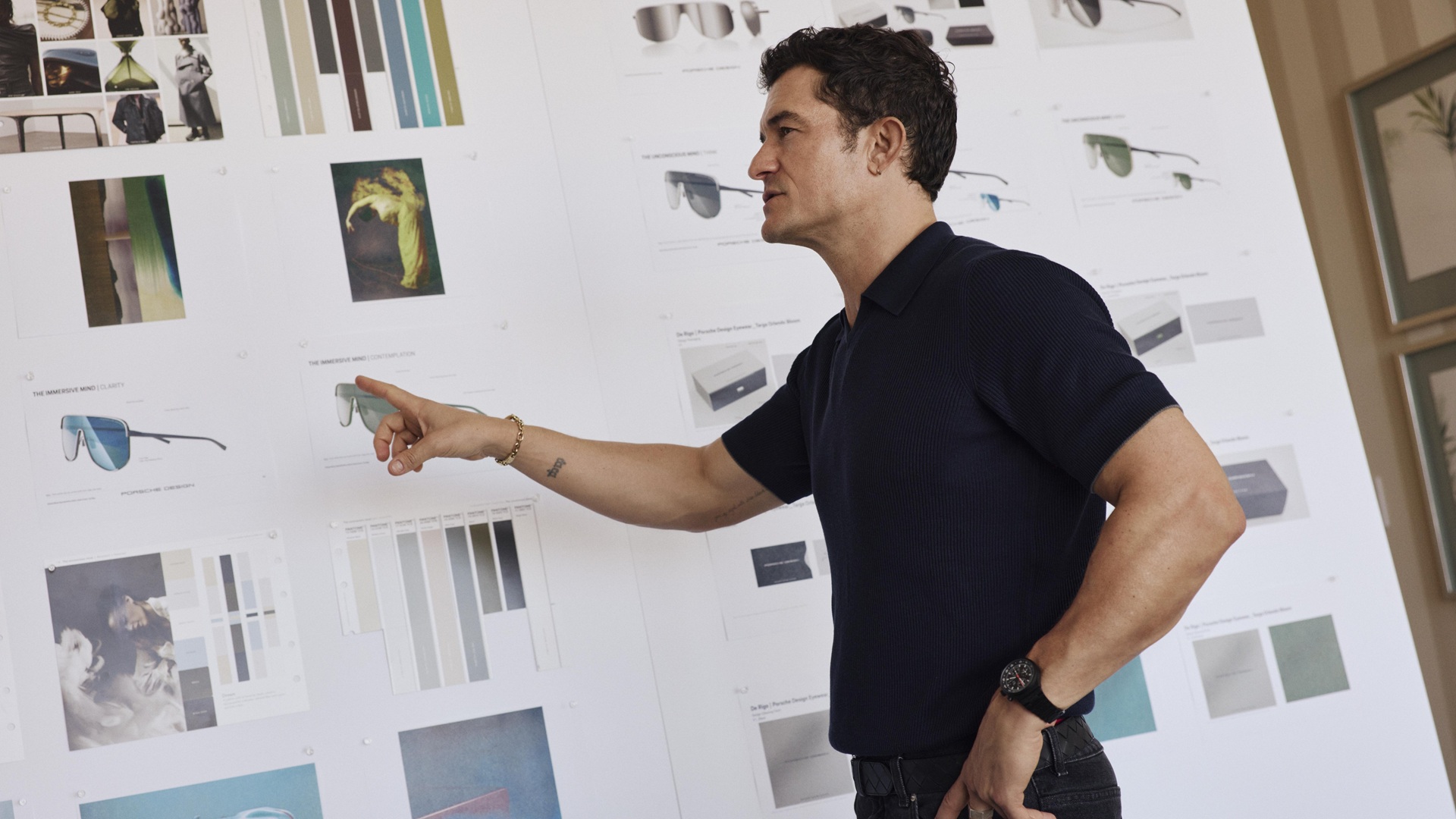 Actor Orlando Bloom working with the Porsche Design team for the new collection of eyewear and jackets