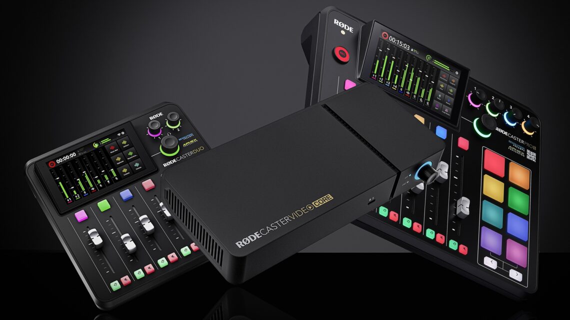 An image of the RØDECaster Video Core alongside other compatible devices from the brand