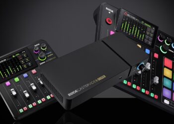 An image of the RØDECaster Video Core alongside other compatible devices from the brand