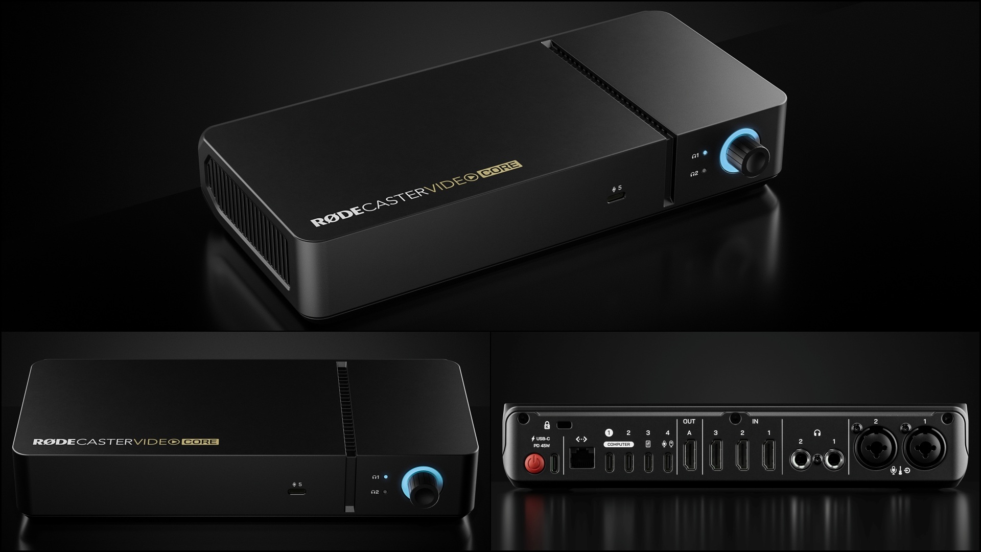 A collage of three images, with different sides of the RØDECaster Video Core