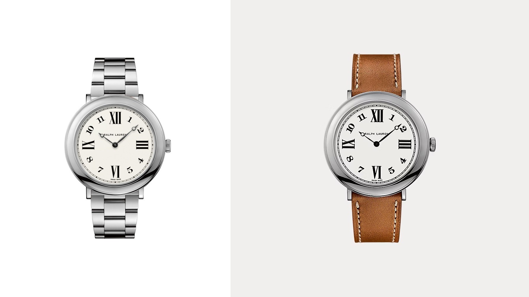 Ralph Lauren 888 38mm with stainless steel bracelet and tan calfskin strap.