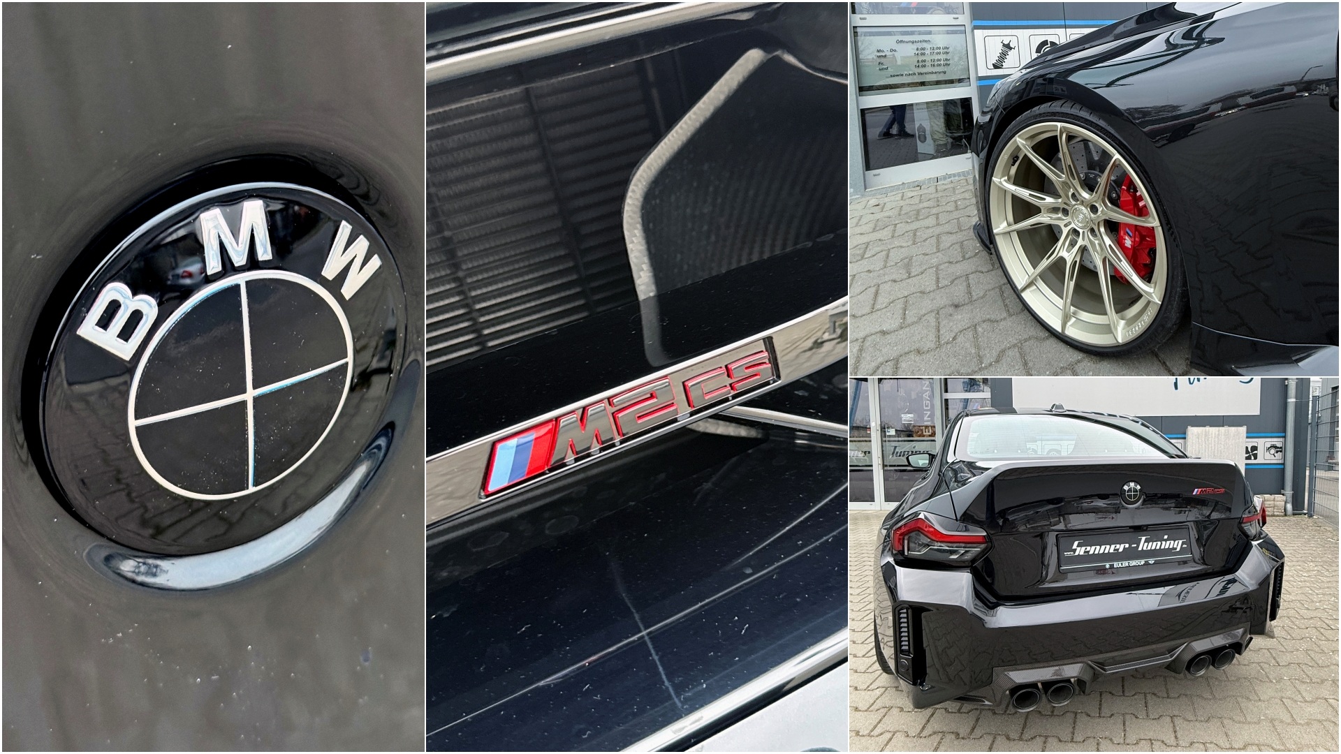 A collage of four images, all showcasing different design cues of the BMM M2 CS, created by Senner Tuning.