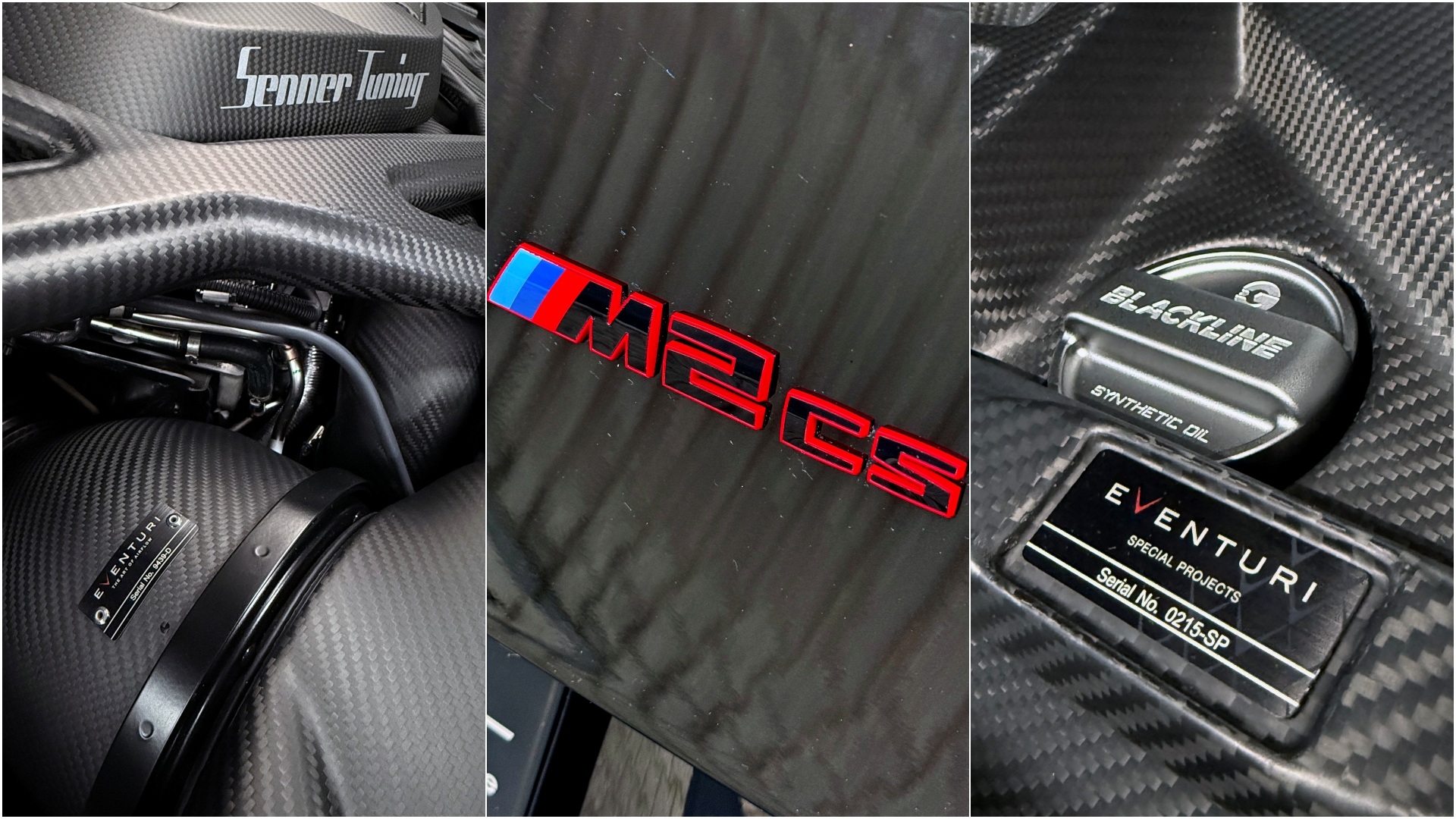 A collage of three images, of which two are from the engine bay, and one is of the model lettering.